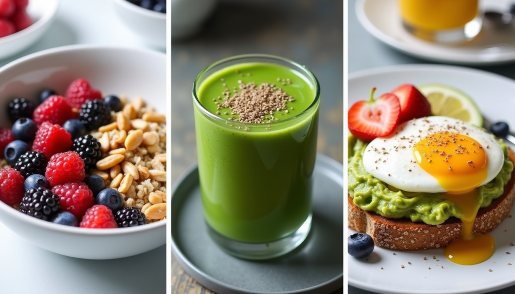 Three quick and delicious heart healthy breakfast recipes, including overnight oats, a green smoothie, and avocado toast with poached egg.