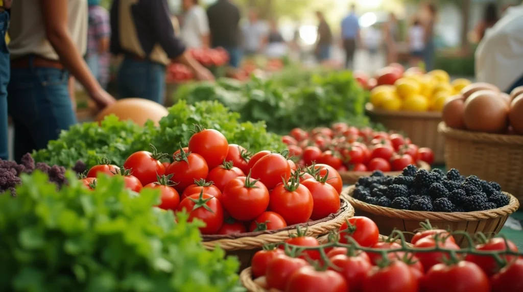 A colorful farmers’ market with fresh, seasonal produce, ideal for budget-friendly family meals.