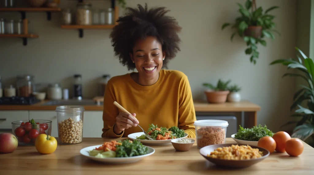 A person enjoying a home-cooked vegetarian meal, highlighting the success of meal prep for vegetarians.