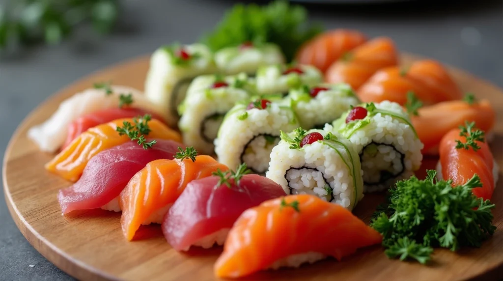 A delicious keto sushi platter with fresh sashimi, cucumber-wrapped rolls, and cauliflower rice sushi, showcasing the benefits of the sushi keto diet.