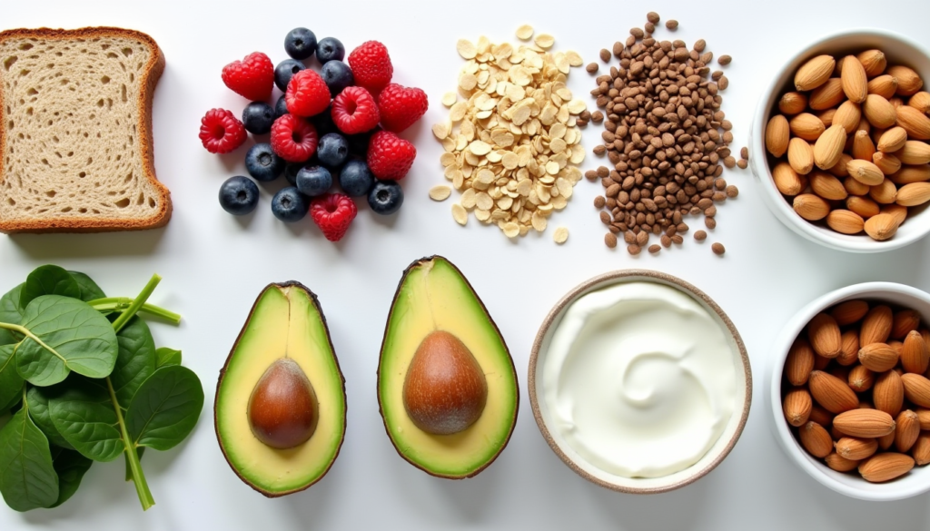 A selection of the top 10 heart healthy breakfast foods, including oats, berries, nuts, and avocados, supporting cardiovascular wellness.