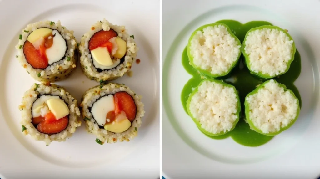 Comparison of traditional sushi rolls with rice and keto sushi made with cauliflower rice and cucumber wraps, highlighting the carb difference.