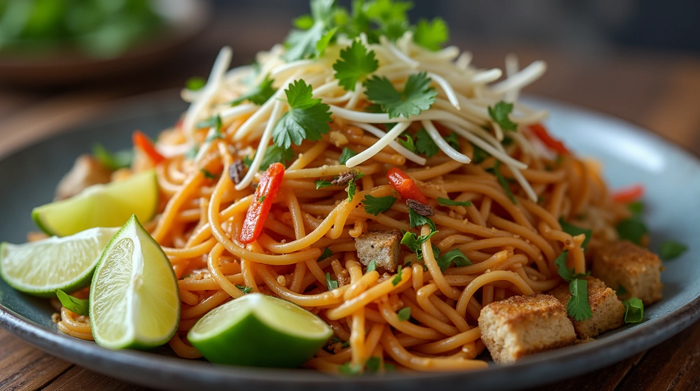 A delicious vegan Pad Thai recipe served with rice noodles, crispy tofu, peanuts, and fresh lime, showcasing vibrant Thai flavors.