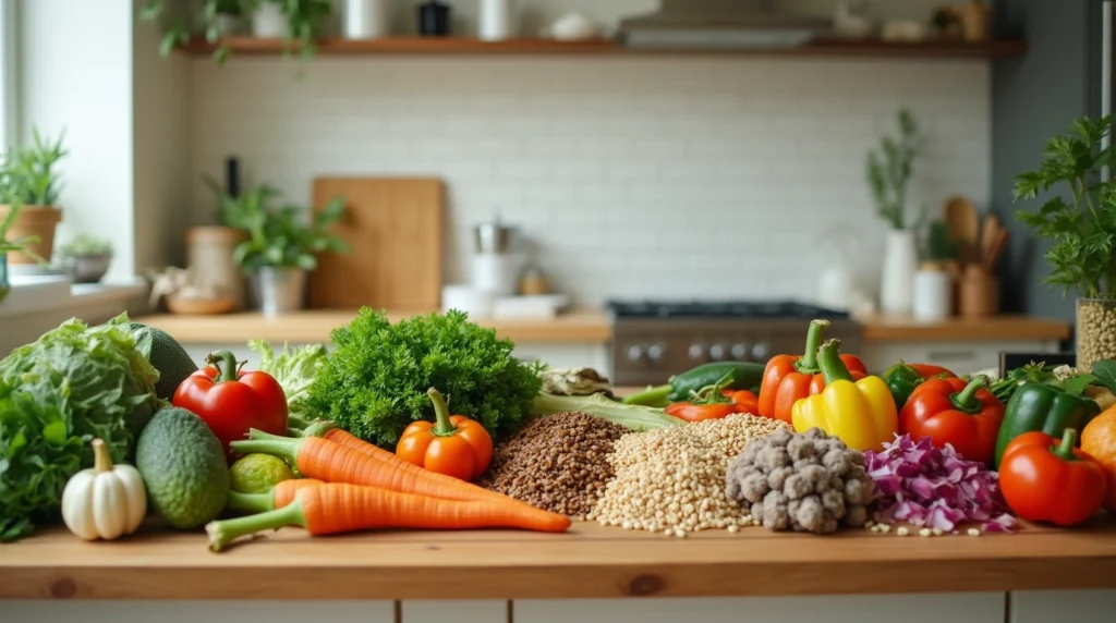 A well-organized pantry with essential ingredients for meal prep for vegetarians, including grains, legumes, and fresh produce.