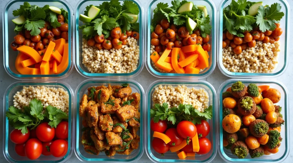 A selection of prepped vegetarian meals, including grain bowls, salads, and stir-fries, showcasing creative and delicious meal prep for vegetarians.